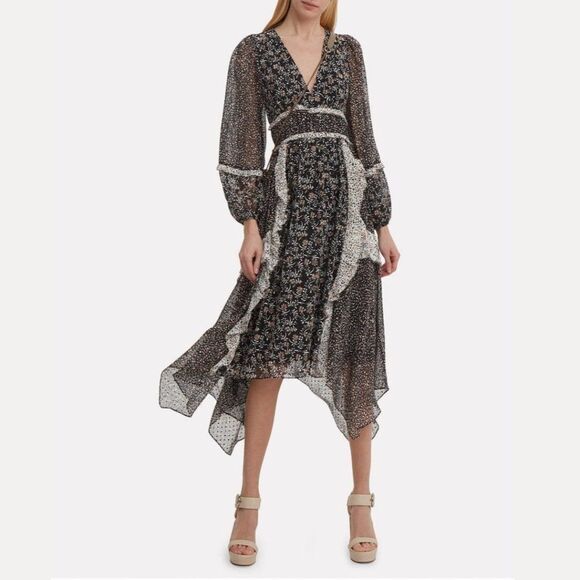 Ulla Johnson Primrose Noir Floral Long Sleeve Asymmetrical Midi Dress - Picture 1 of 15